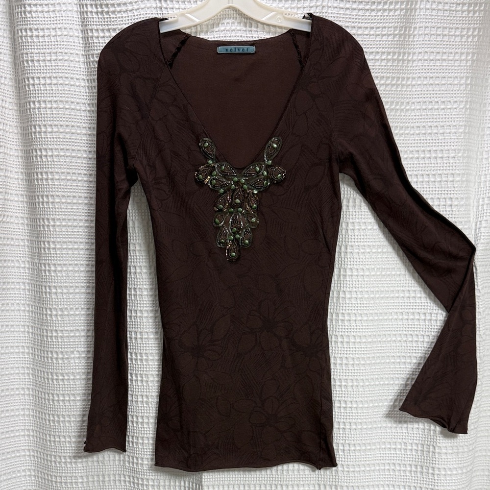 Velvet Dark Brown Long Sleeve Top w Green Embellishments Mermaid tissue cotton L